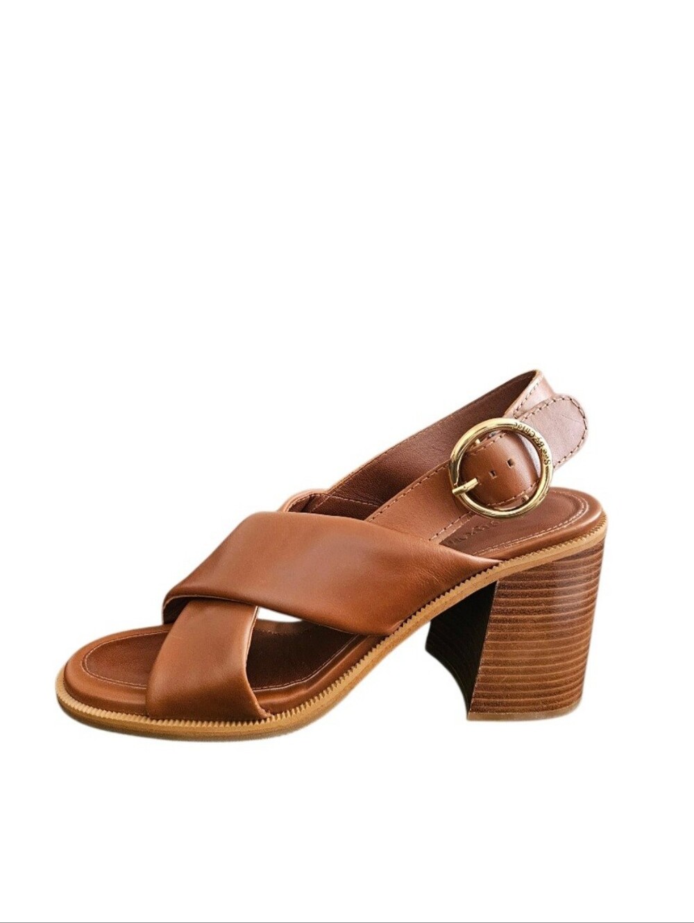 SeeByChloe Light Brown Leather Criss Cross Strap Block Heel Sandal Size 39 NEW